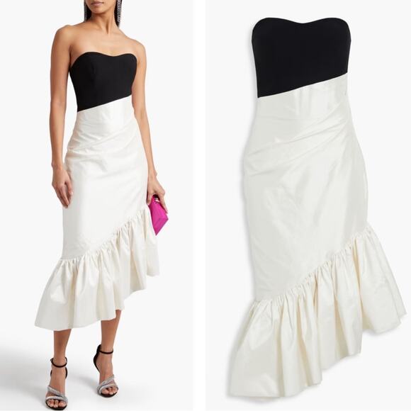 RASARIO Ruffled Silk Crepe Corset Strapless Two Tone Asymmetric Midi Dress Sz 8 - Picture 1 of 11